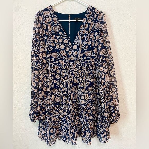 Ted Baker Tarrissa Tiered Swing Mini Blue and Tan Long Sleeves Dress Size 2 - Picture 2 of 6